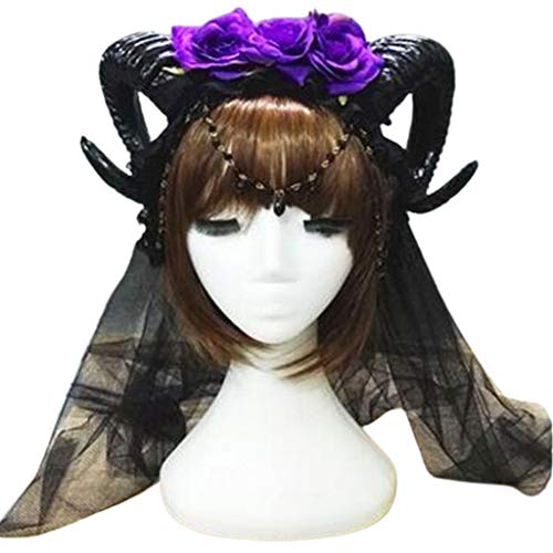 XINGLIDA Halloween Gothic Netzschleier Stirnband Schafhorn Rose Blumenkette Krone Haarreif (PK#) von XINGLIDA