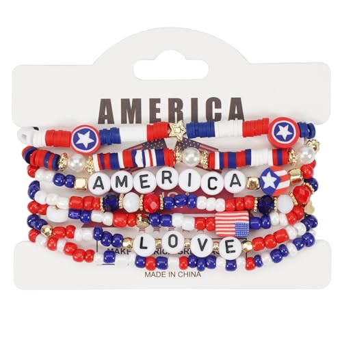 XINGLIDA Packung Von 6 Modischen Patriotischen Perlenarmbändern Elastizität 4. Juli Schmuck Amerikaner Flag Star Charm Party Accessoires Elastische Stretcharmbänder von XINGLIDA