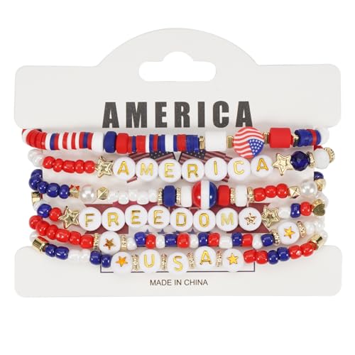 XINGLIDA Packung Von 6 Modischen Patriotischen Perlenarmbändern Elastizität 4. Juli Schmuck Amerikaner Flag Star Charm Party Accessoires Elastische Stretcharmbänder von XINGLIDA