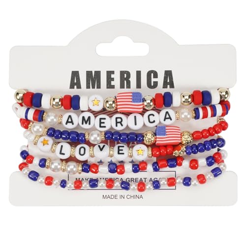 XINGLIDA Packung Von 6 Modischen Patriotischen Perlenarmbändern Elastizität 4. Juli Schmuck Amerikaner Flag Star Charm Party Accessoires Elastische Stretcharmbänder von XINGLIDA