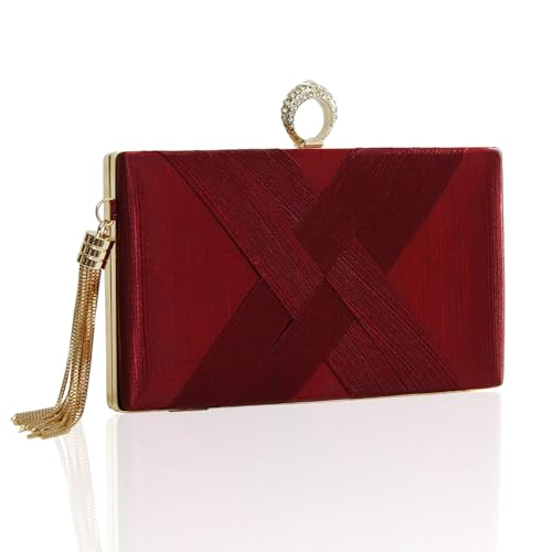 XINGSHUNFU Clutch Geldbörsen für Damen Quaste Abend Clutch Tasche Sparkly Diamond Crossbody Umhängetasche für Hochzeit Nacht Ausgehen Party (Weinrot) von XINGSHUNFU