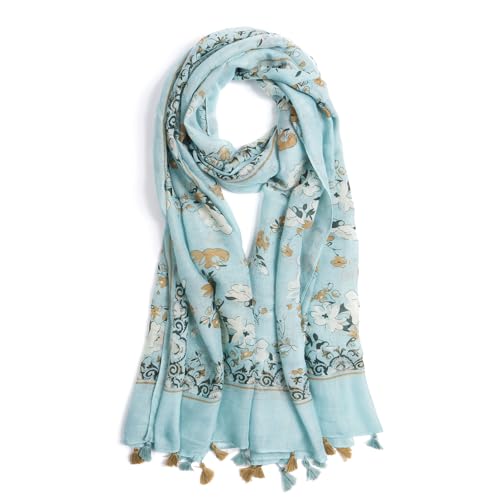 XINGSHUNFU Schal für Damen Leichte Mode Blumen Gedruckte Schals Boho Herbst Winter Fransen Schal Wraps (Grüne Blume) von XINGSHUNFU