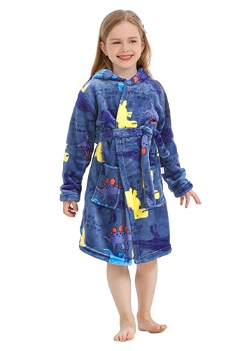 XINNE Jungen Mädchen Kapuzenrobe, Morgenmantel Bademantel Weicher Flanellpyjama Unisex Kleinkinder Kinder Nachtwäsche Dinosauriermuster von XINNE
