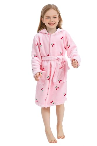 XINNE Jungen Mädchen Kapuzenrobe, Morgenmantel Bademantel Weicher Flanellpyjama Unisex Kleinkinder Kinder Nachtwäsche Kirschmuster von XINNE