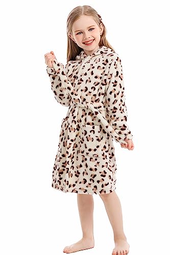XINNE Unisex Kinder Mädchen Jungen Kapuzen-Bademantel Weiche Tier Schlafanzug Morgenmantel Nachtwäsche Pajamas Größe 100 Braun Leopard von XINNE