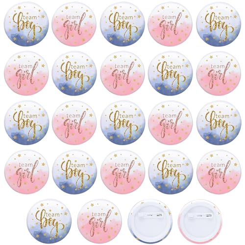 XINSUO® Geschlecht Offenbar Button,24 StückTeam Boy und Team Girl Pin Abzeichen, Rund Pinback Knopf Pins für Gender Reveal Party,Mit Sternen und Glitzer (Blau und Rosa) von XINSUO