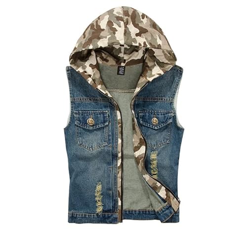 XINTAYEL Herren Denim Weste Vintage Biker Denim Weste Camouflage Cowboy Weste mit Kapuze ärmellose Street Punk Reißverschluss Jeansjacke von XINTAYEL