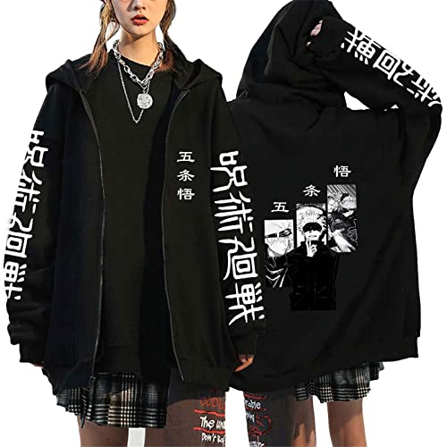 XINTAYEL Japanische Anime Jujutsu Kaisen Reißverschluss Kapuzenjacke Herren Damen Übergroße Gojo Satoru Bedrucktes Harajuku Streetwear Sweatshirt mit Reißverschluss von XINTAYEL