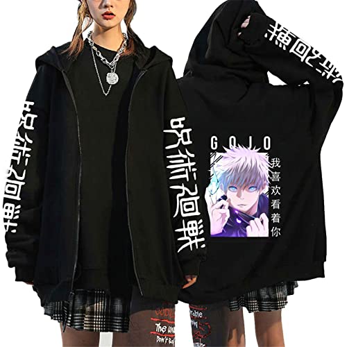 XINTAYEL Japanische Anime Jujutsu Kaisen Reißverschluss Kapuzenjacke Herren Damen Übergroße Gojo Satoru Bedrucktes Harajuku Streetwear Sweatshirt mit Reißverschluss von XINTAYEL