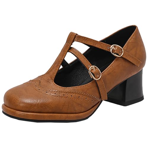 XINXINIO Bequemes Plateaukleid für Damen Schuhe mit Blockabsatz und T-Riemen Mary Jane Pumps (Braun,35) von XINXINIO