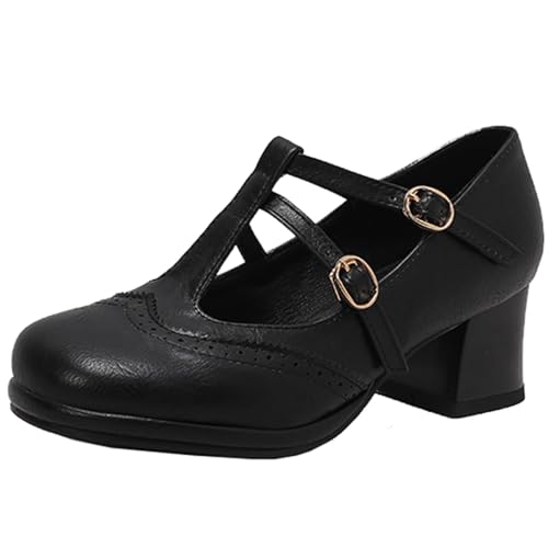XINXINIO Bequemes Plateaukleid für Damen Schuhe mit Blockabsatz und T-Riemen Mary Jane Pumps (Schwarz,37) von XINXINIO