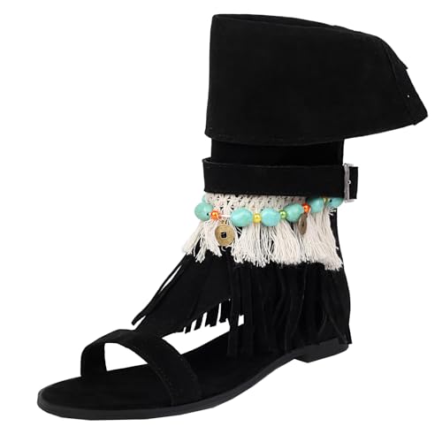 XINXINIO Boho-Sommerstiefel mit Perlenkette - Offene Zehen Stiefel für Damen (Schwarz, 48 EU) von XINXINIO