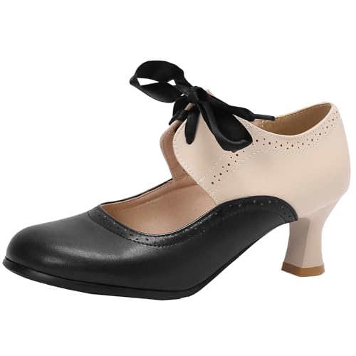 XINXINIO Business-Heels für Damen mit Blockabsatz Schnürpumps mit Runder Spitze (Schwarz,40) von XINXINIO