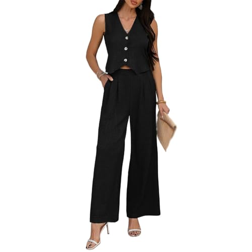 XINXINIO Damen Ärmellose Weste & Weitbein Set - Polyester Koord, Übergangsoutfit Beruf-Urlau (Schwarz, M) von XINXINIO