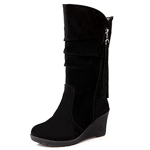 XINXINIO Damen Halbhohe Stiefel für Wärme mit Modischem Keilabsatz (Schwarz, 34EU) von XINXINIO