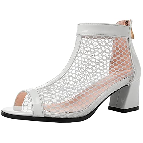XINXINIO Damen Klobiger Absatz Netz-Stiefel Sommer Stiefeletten (Weiß, 46) von XINXINIO