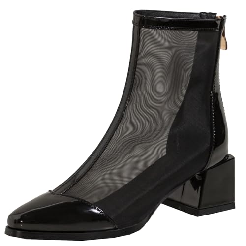 XINXINIO Damen Modische Mesh-Stiefeletten mit Lochmuster - Spitze, 5cm Blockabsatz, Reißverschluss (Schwarz-Kurz, 32 EU) von XINXINIO