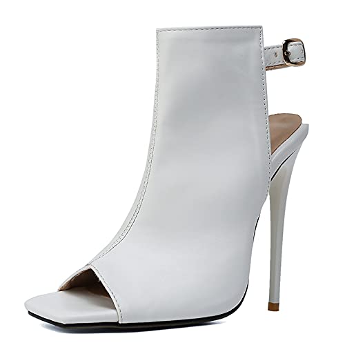 XINXINIO Damen Peeptoe Stiefeletten Slingback Sandalen mit Stiletto (Weiß, 41) von XINXINIO