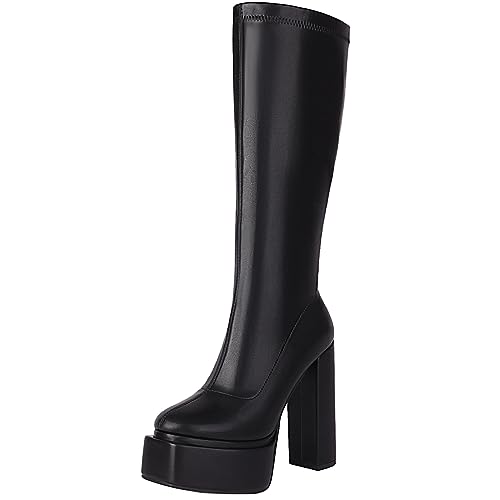 XINXINIO Damen Plateau Blockabsatz Kniehohe Stiefel (Schwarz,38) von XINXINIO