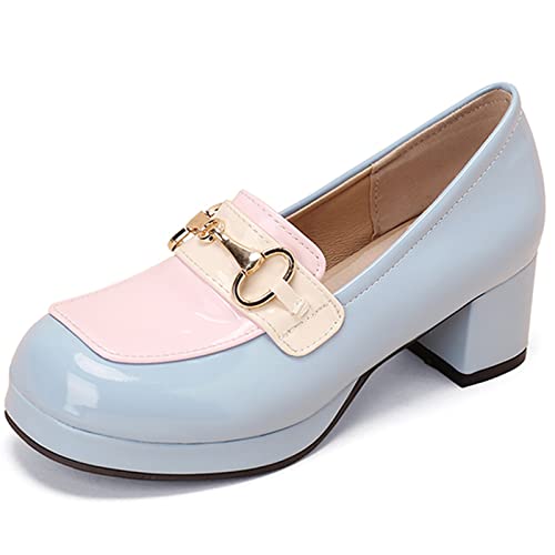 XINXINIO Damen-Plateau-Loafer mit Blockabsatz Slip-on-Pumps (Blau, 37 EU) von XINXINIO