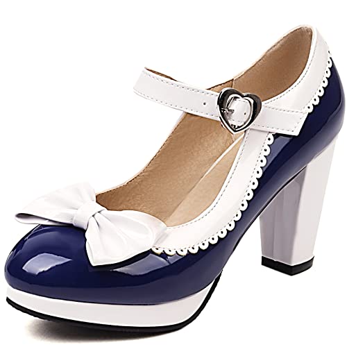 XINXINIO Damen Plateau Mary Janes Pumps mit Blockabsatz (Dunkelblau, 38) von XINXINIO