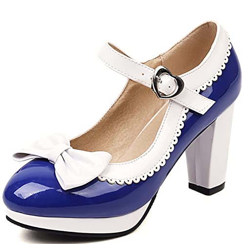 XINXINIO Damen Plateau Mary Janes Pumps mit Blockabsatz (Königsblau, 38) von XINXINIO