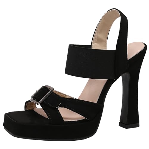 XINXINIO Damen Plateau Slip-On Kleid Schuhe Quadratische Sandalen mit Offener Zehe und Absatz (Schwarz,44) von XINXINIO