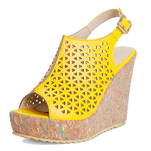 XINXINIO Damen Slingback Keilabsatz Sandalen mit Plateau und Peep Toe (Gelb, 39) von XINXINIO