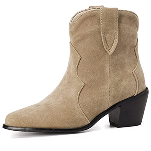 XINXINIO Damen Slip on Booties Block Heel Cowboy Stiefeletten (Aprikose, 40) von XINXINIO