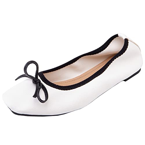 XINXINIO Damen Soft Flat Loafers mit Süßen Schleifen und Quadratische Zehe (Weiß,34) von XINXINIO
