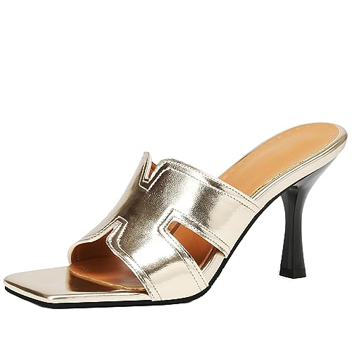 XINXINIO Damen Sommer Pantoletten mit Offener Zehenpartie Stiletto-Absatzpantoletten (Golden,34) von XINXINIO