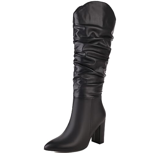 XINXINIO Damen Spitze Zehen Kniehohe Reißverschluss Stiefel Block Absatz Westernstiefel (Schwarz,37) von XINXINIO