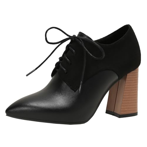 XINXINIO Damen Spitzenschuhe mit Schleife, 8cm Blockabsatz Büro & Abendmode (Schwarz, 39 EU) von XINXINIO
