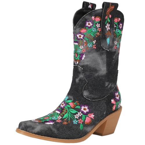XINXINIO Damen Vintage Cowboystiefel Bestickte Slip-on-Westernstiefel (Schwarz,37) von XINXINIO
