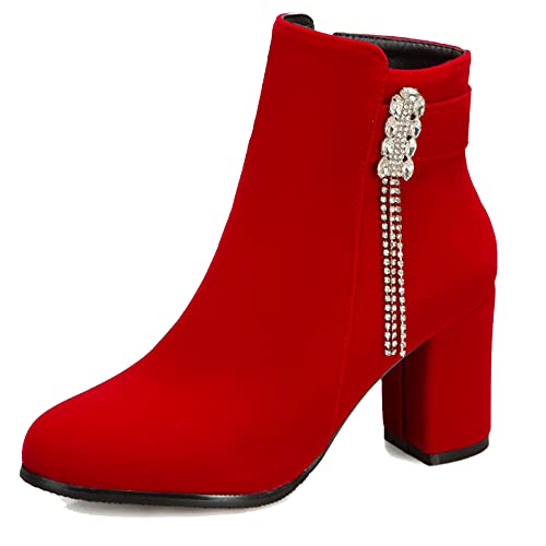 XINXINIO Damenmode Quaste Stiefel, Stiefeletten mit klobigem Absatz und Strass (Rot, 38 EU) von XINXINIO
