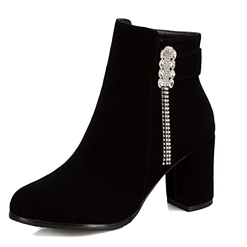 XINXINIO Damenmode Quaste Stiefel, Stiefeletten mit klobigem Absatz und Strass (Schwarz, 41 EU) von XINXINIO