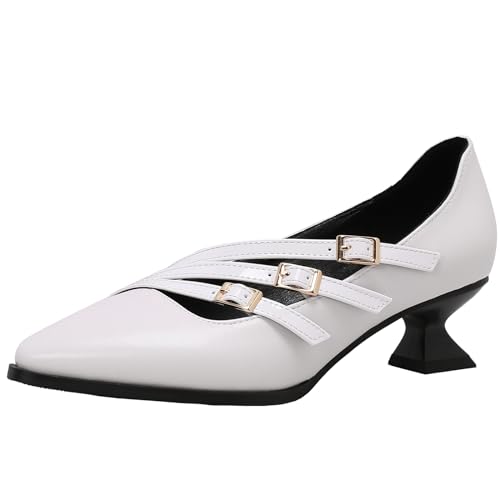 XINXINIO Elegante Damenschuhe mit Spitzer Zehenpartie Comfort Mid Heel Pumps mit Schnalle (Weiß,43) von XINXINIO