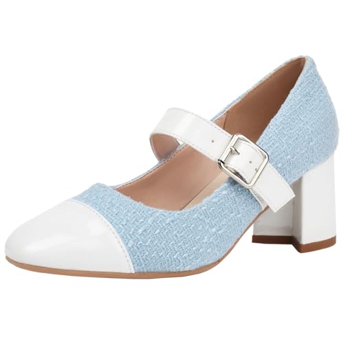 XINXINIO Elegante Mary Jane Schuhe mit Runder Zehenblockabsatz für Damen Pumps mit Farbblockierung (Hellblau,36) von XINXINIO