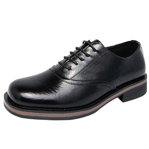 XINXINIO Herren Bequeme Flache Kappe PU Oxford Schnürschuhe (Schwarz, 42 EU) von XINXINIO