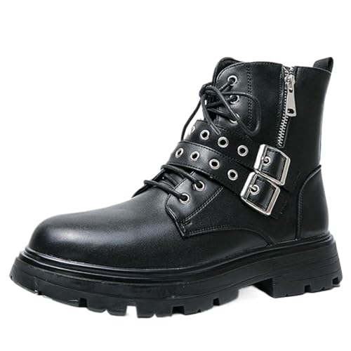 XINXINIO Herren Motorradstiefel Kurz | Schnürverschluss mit Weichpolsterung | Robustes Obermaterial für Stadt und Freizeit (Schwarz, 39 EU) von XINXINIO