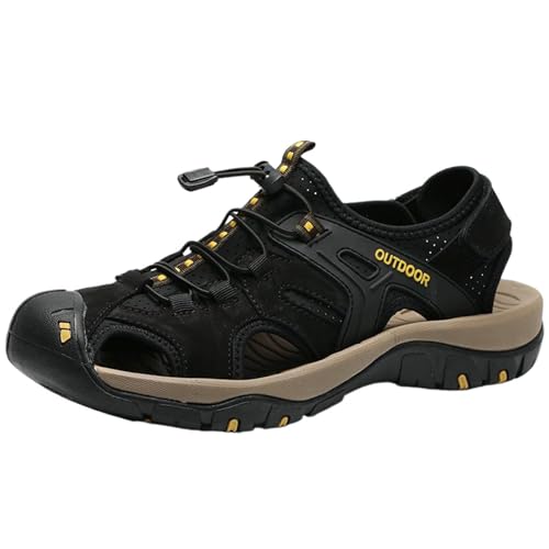 XINXINIO Herren Schlupf-Wasserschuhe | Geschlossene Strand Sandalen mit Atmungsaktivem Mesh-Futter & Rutschfester Sohle für Meer, Spaziergänge (Schwarz, 40 EU) von XINXINIO
