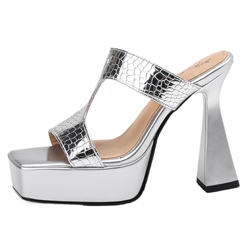 XINXINIO High Heel Sandalen Quadratische Zehe Stiletto-Absatz | 12 cm hoher Absatz mit 4 cm Plateau | Lackleder Design mit geometrischem Muster (Scherbe, 34 EU) von XINXINIO