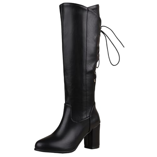 XINXINIO Kniehohe Damenstiefel mit Schnürung und Runder Zehenpartie und Blockabsatz (Schwarz, 37 EU) von XINXINIO