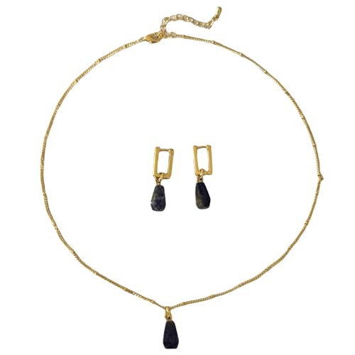 XINXINIO Lapislazuli Set: Naturstein Halskette + Ohrringe in Goldoptik von XINXINIO