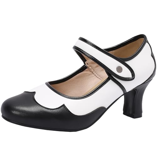 XINXINIO Mary Jane Schuhe für Damen mit Mittlerem Absatz und Runder Zehenpartie und Absatz (Schwarz,37) von XINXINIO