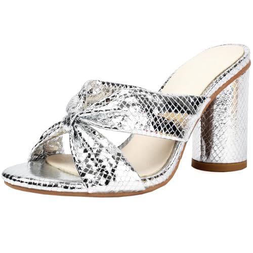 XINXINIO Peeptoe Blockabsatz Slide Sandalen für Damen Hausschuhe mit Absatz (Silber,44) von XINXINIO