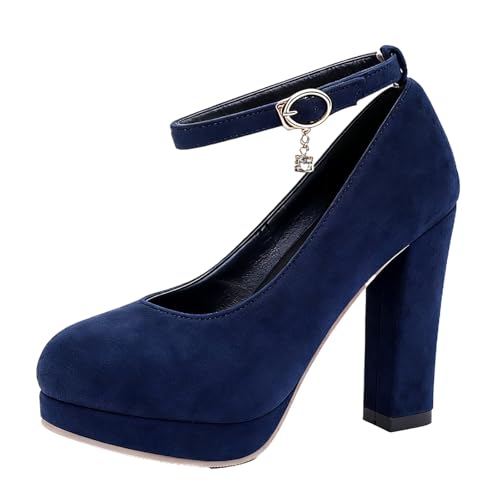 XINXINIO Pumps mit Plateauabsatz und Riemchen | 10,5 cm Blockabsatz und 2 cm Plateau | Veloursleder mit Schmuck | rutschfeste Sohle für Festliche Anlässe (Blau, 38 EU) von XINXINIO