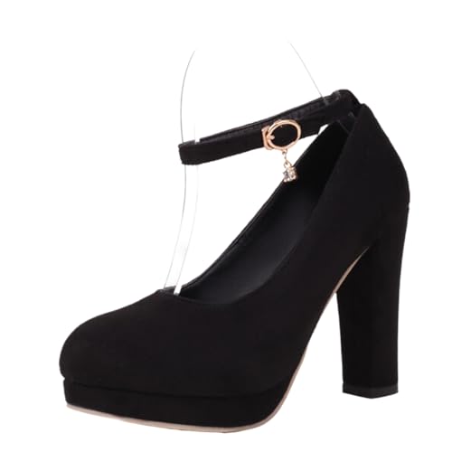 XINXINIO Pumps mit Plateauabsatz und Riemchen | 10,5 cm Blockabsatz und 2 cm Plateau | Veloursleder mit Schmuck | rutschfeste Sohle für Festliche Anlässe (Schwarz, 39 EU) von XINXINIO