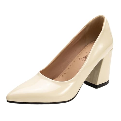XINXINIO Pumps mit Spitzer Zehen und Blockabsatz | 8 cm Absatz Aus Glänzendem Synthetisches Lackleder | rutschfeste Gummisohle | Viel Farben Für Beruf & Freizeit (Beige1, 50 EU) von XINXINIO