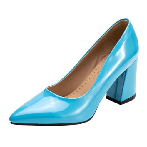 XINXINIO Pumps mit Spitzer Zehen und Blockabsatz | 8 cm Absatz Aus Glänzendem Synthetisches Lackleder | rutschfeste Gummisohle | Viel Farben Für Beruf & Freizeit (Blau, 42 EU) von XINXINIO